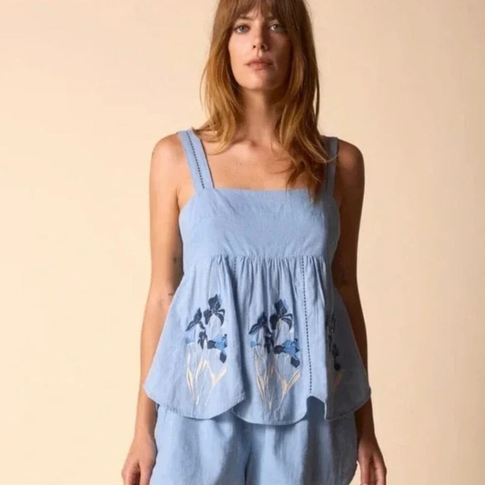 St. Roche Floral Tank Blue Med Embroidery Organic Cotton Dainty Feminine Cottage